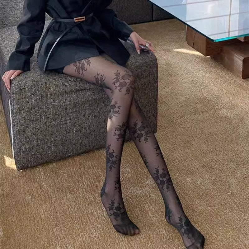 Vintage Rose Pattern Sheer Tights – Floral Jacquard Pantyhose for Women