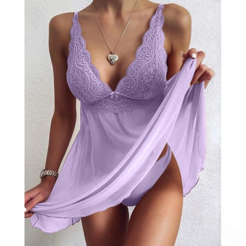 Satin Lace Slip Dress – Deep V Backless Nightdress for Women