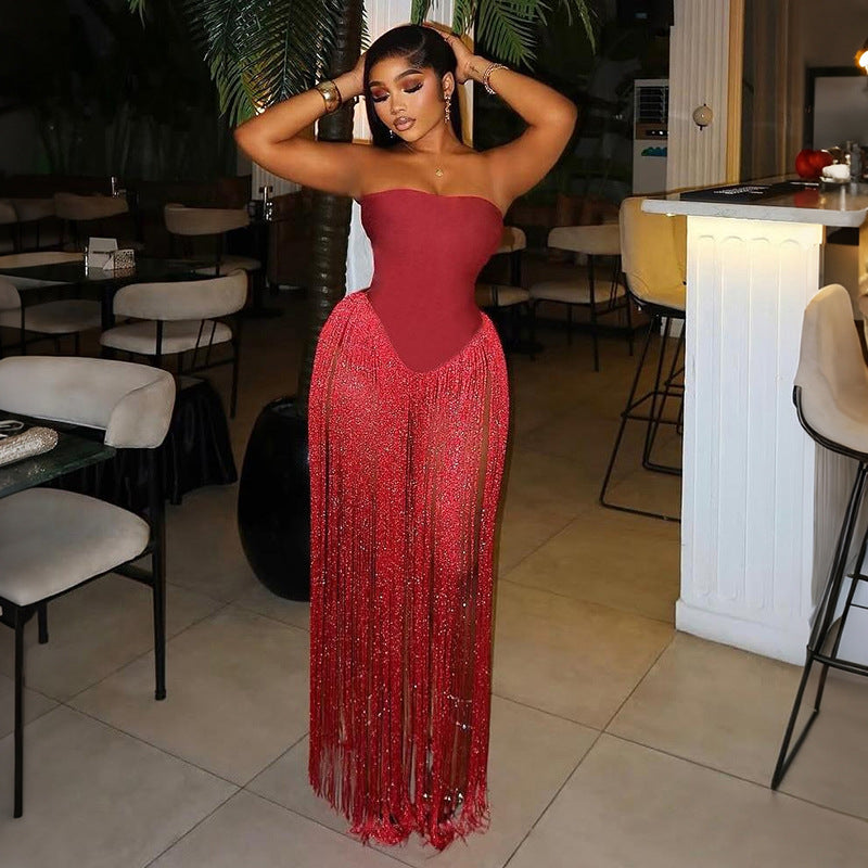 Women’s Strapless Fringe Bodycon Jumpsuit