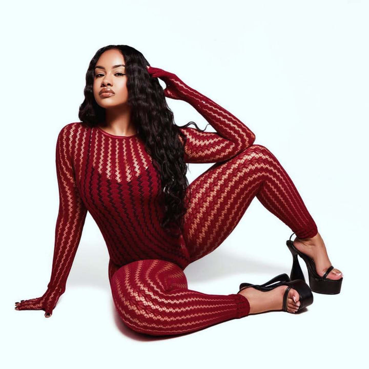 Sheer Seamless Jumpsuit – Long Sleeve Jacquard Bodycon One-Piece for Women