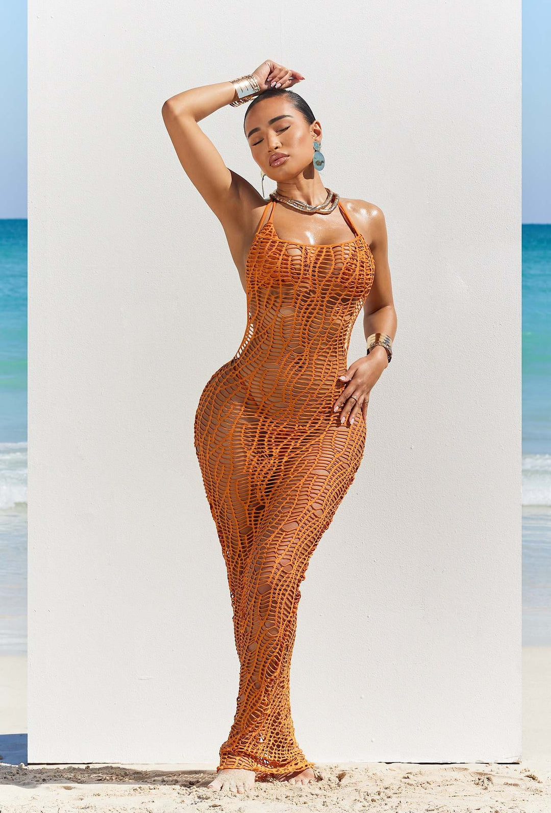 Hollow Out Leaky Back Beach Long Dress Set