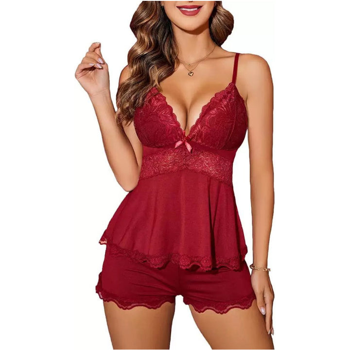 Lace Trim Cami Pajama Set – Soft Spaghetti Strap Top & Shorts Loungewear for Women