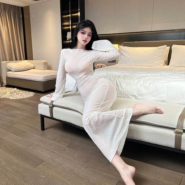 Sheer Knit Cover-Up Dress – Backless Long Sleeve Lounge Dress for Women