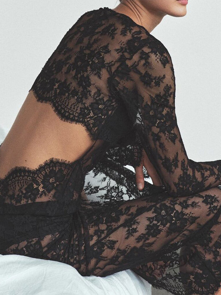 Black Lace Bodycon Maxi Dress – Long Sleeve Elegant Evening Dress for Women