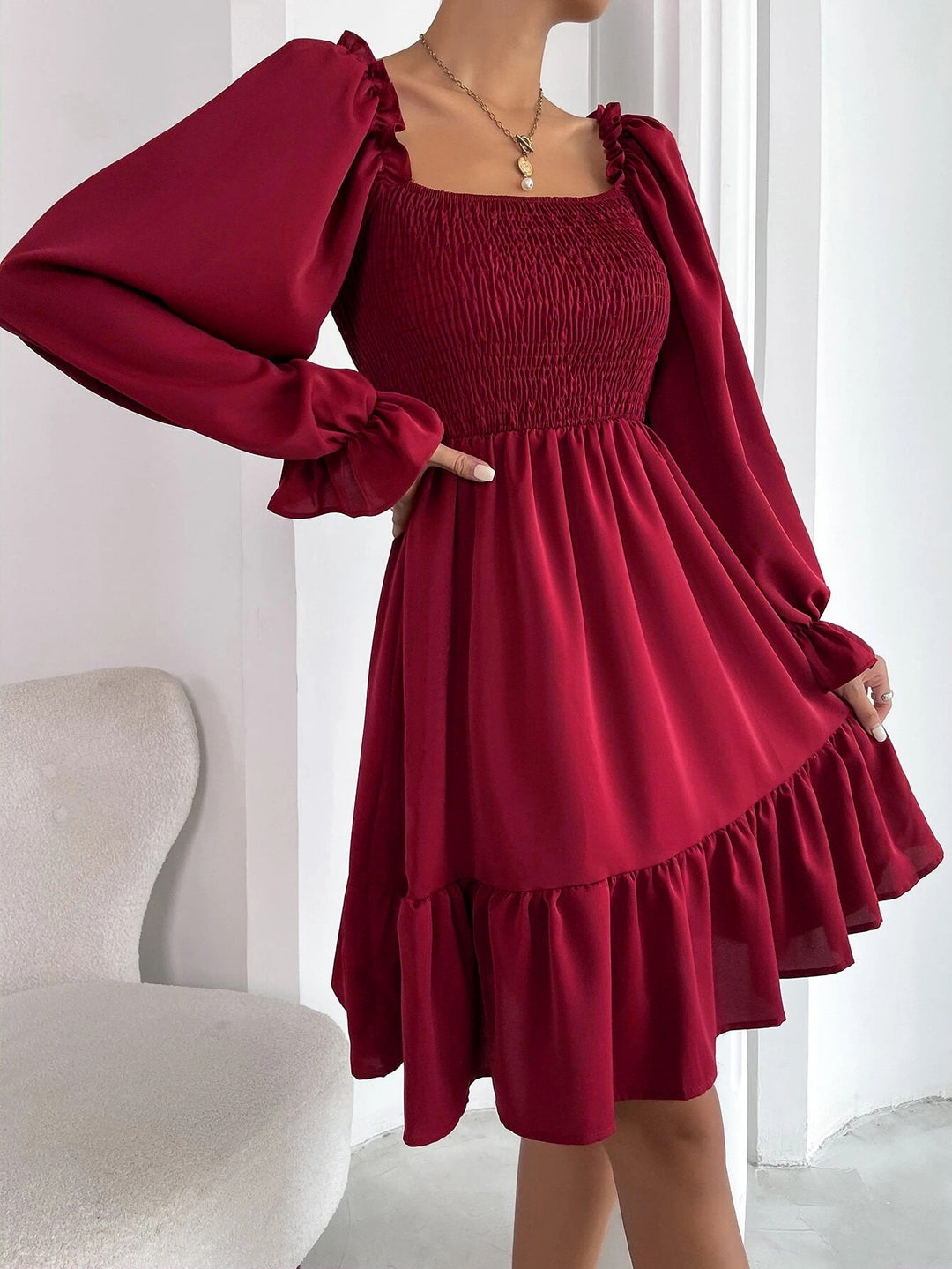 Women’s Square Neck Smocked Ruffle Hem Mini Dress