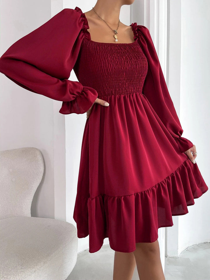 Women’s Square Neck Smocked Ruffle Hem Mini Dress