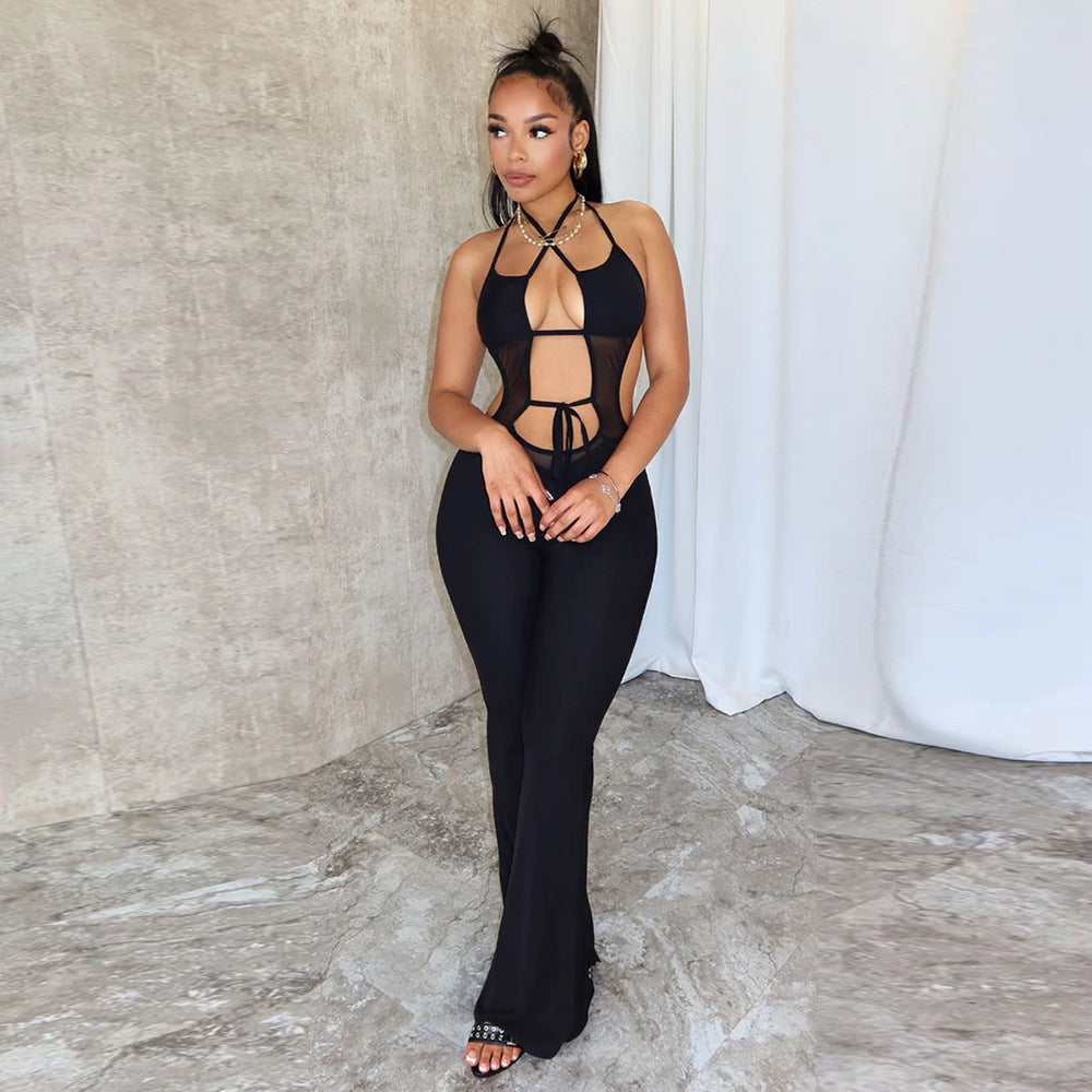 Lace-up backless micro flared jumpsuit