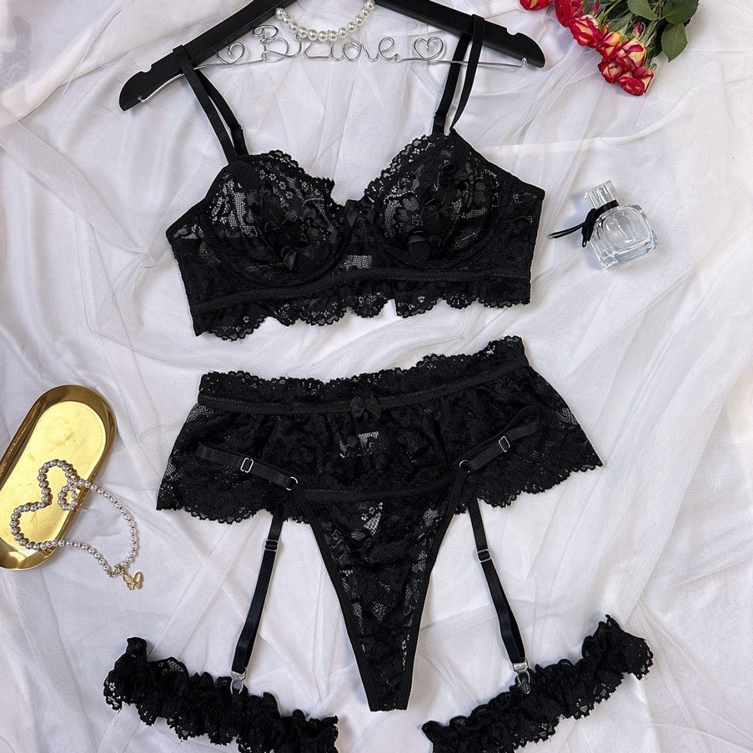 French Lace Lingerie Set – Push-Up Bra, Garter Belt & Thong Set for Women