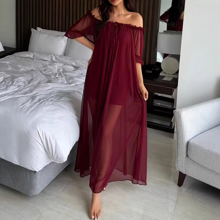 Sheer Mesh Maxi Nightdress – Ruffle Shoulder Elegant Sleep Dress for Women