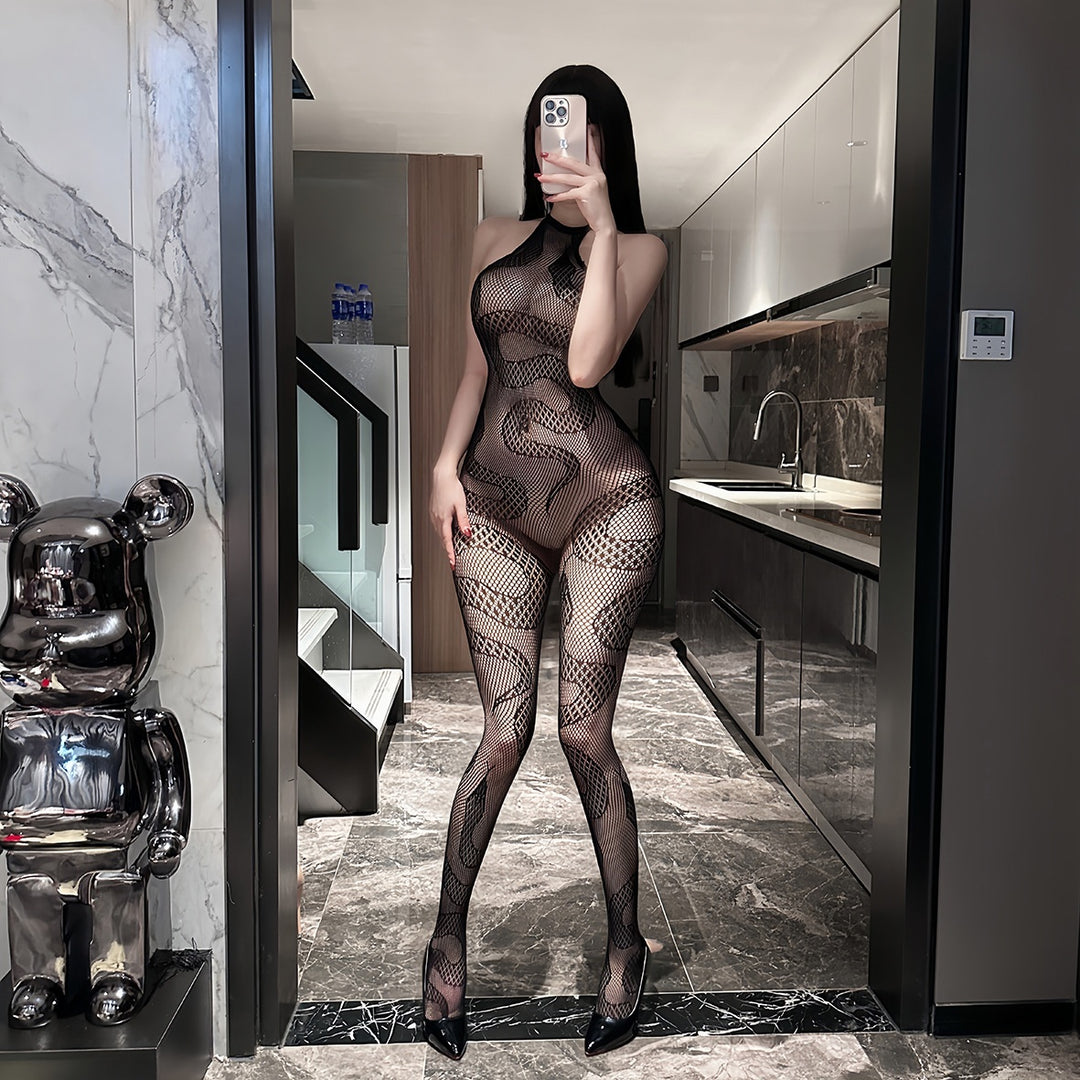 Snake Print Fishnet Bodystocking – Halter Cutout Sheer Full Body Stocking for Women