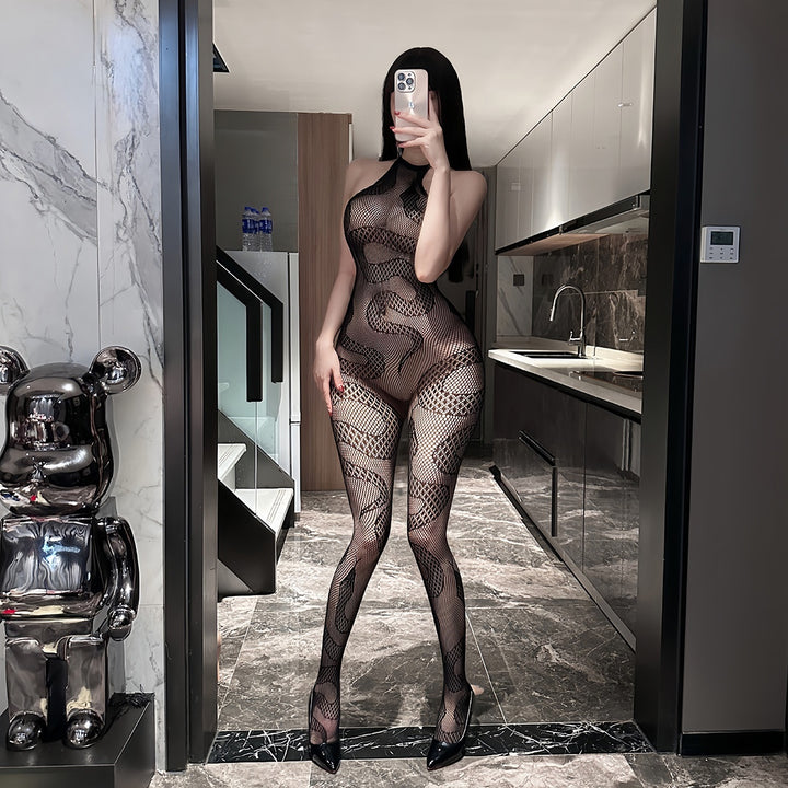 Snake Print Fishnet Bodystocking – Halter Cutout Sheer Full Body Stocking for Women