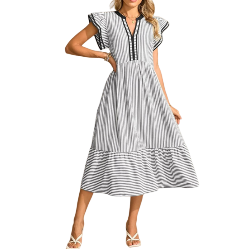 Striped V-Neck Midi Dress with Pockets