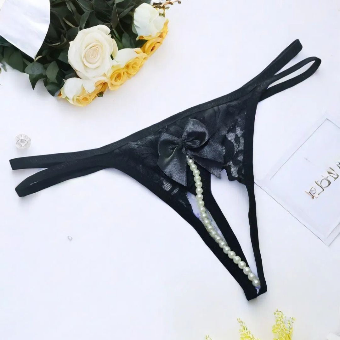 Women’s Lace Thong – Sheer Bow Pearl Detail Lingerie Panty