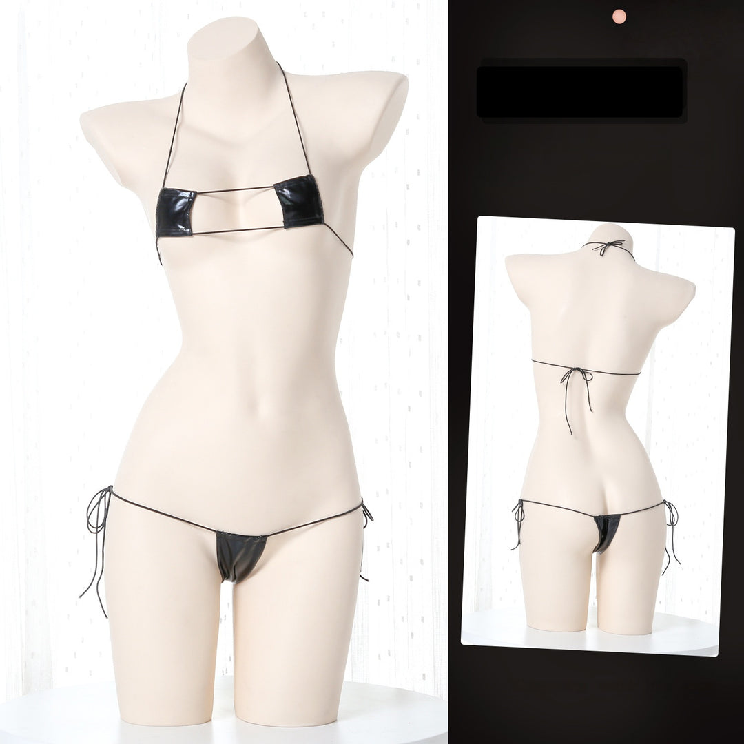 Adjustable String Faux Leather Bikini Set