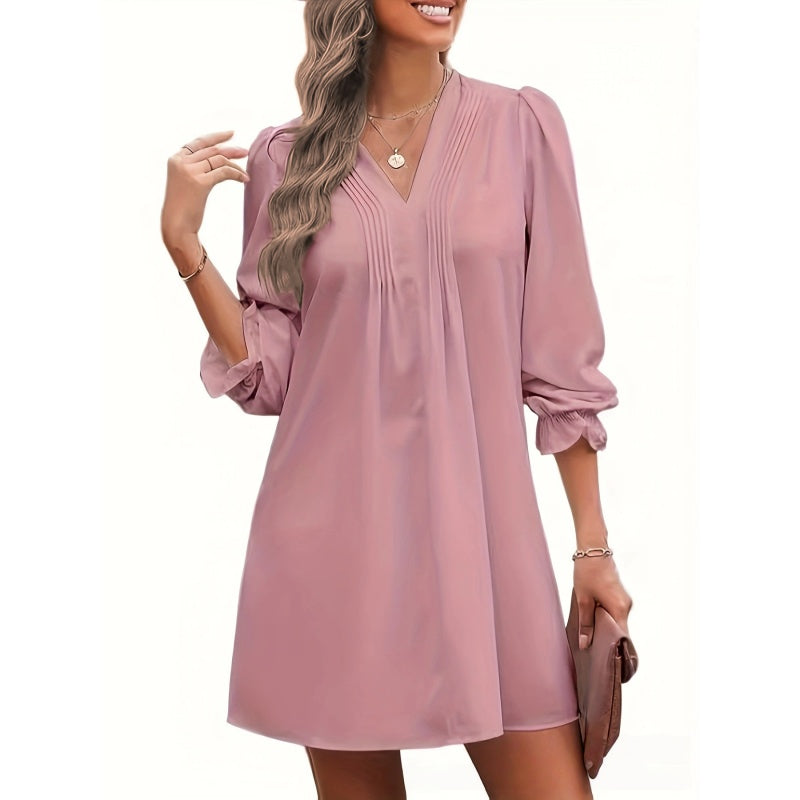 Pleated V Neck Mini Dress