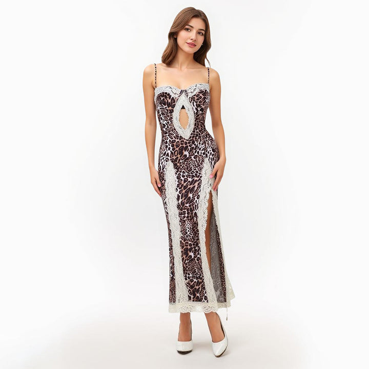 Leopard Print Lace Maxi Dress – Cutout Split Hem Bodycon Dress for Women