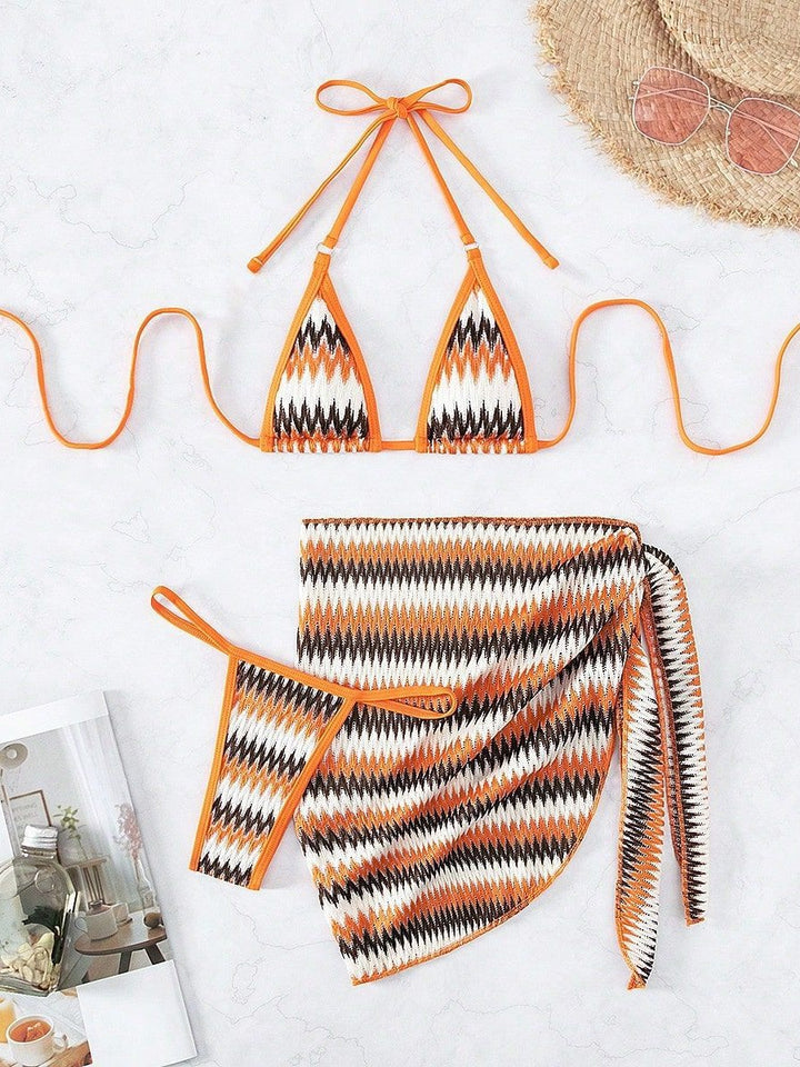 Wave Print Bikini Set – Tie Strap 3-Piece Swimwear for Women