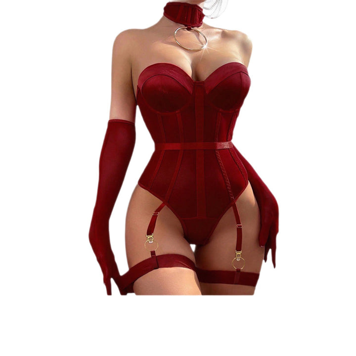 Red Strapless Corset Bodysuit Set – Sheer Lace Lingerie with Garter & Choker