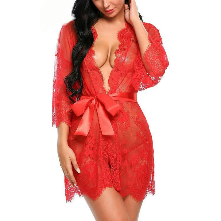 Deep V-neck nightdress with ribbon waist