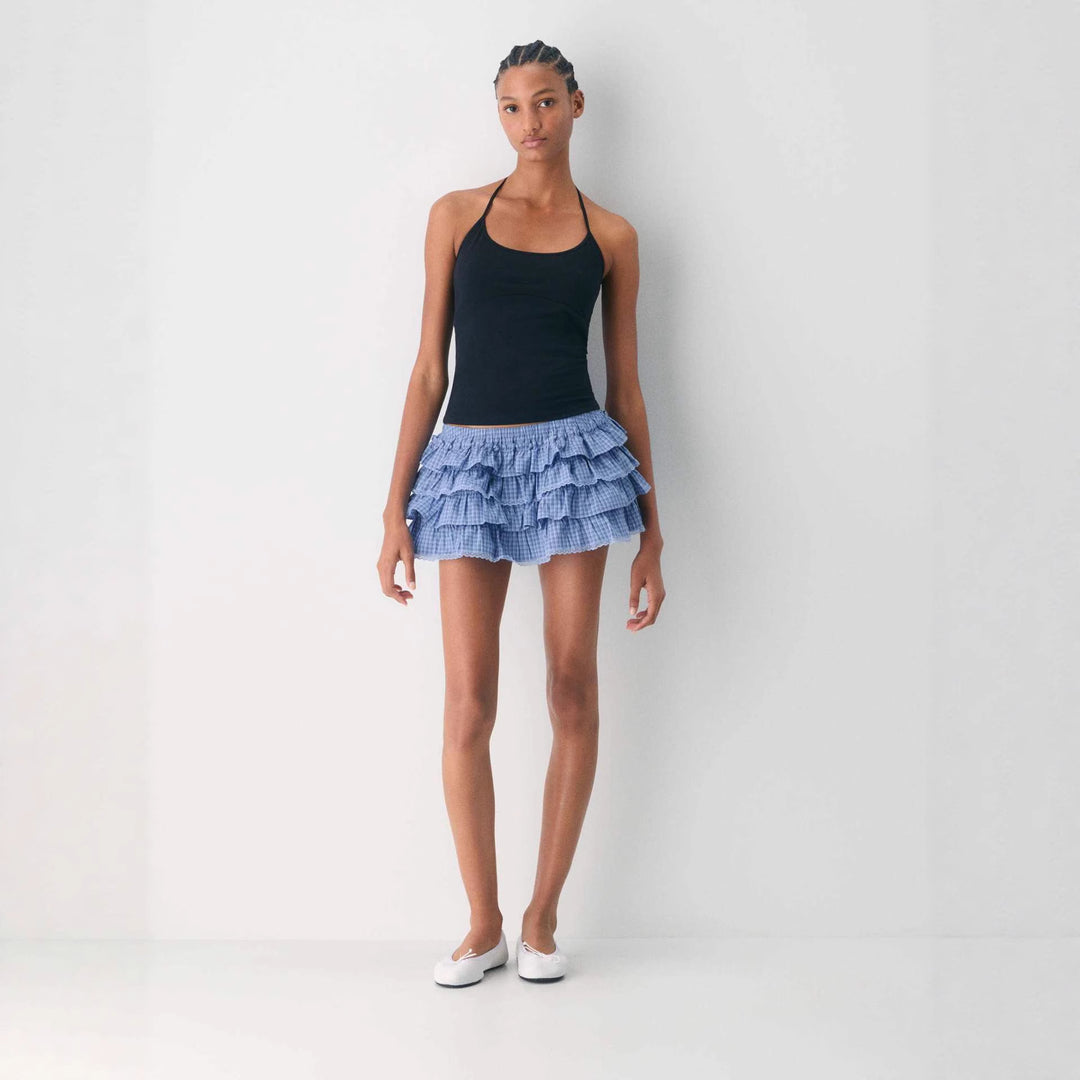 White Ruffle Mini Skirt – Layered Lace Trim Y2K Skater Skirt for Women
