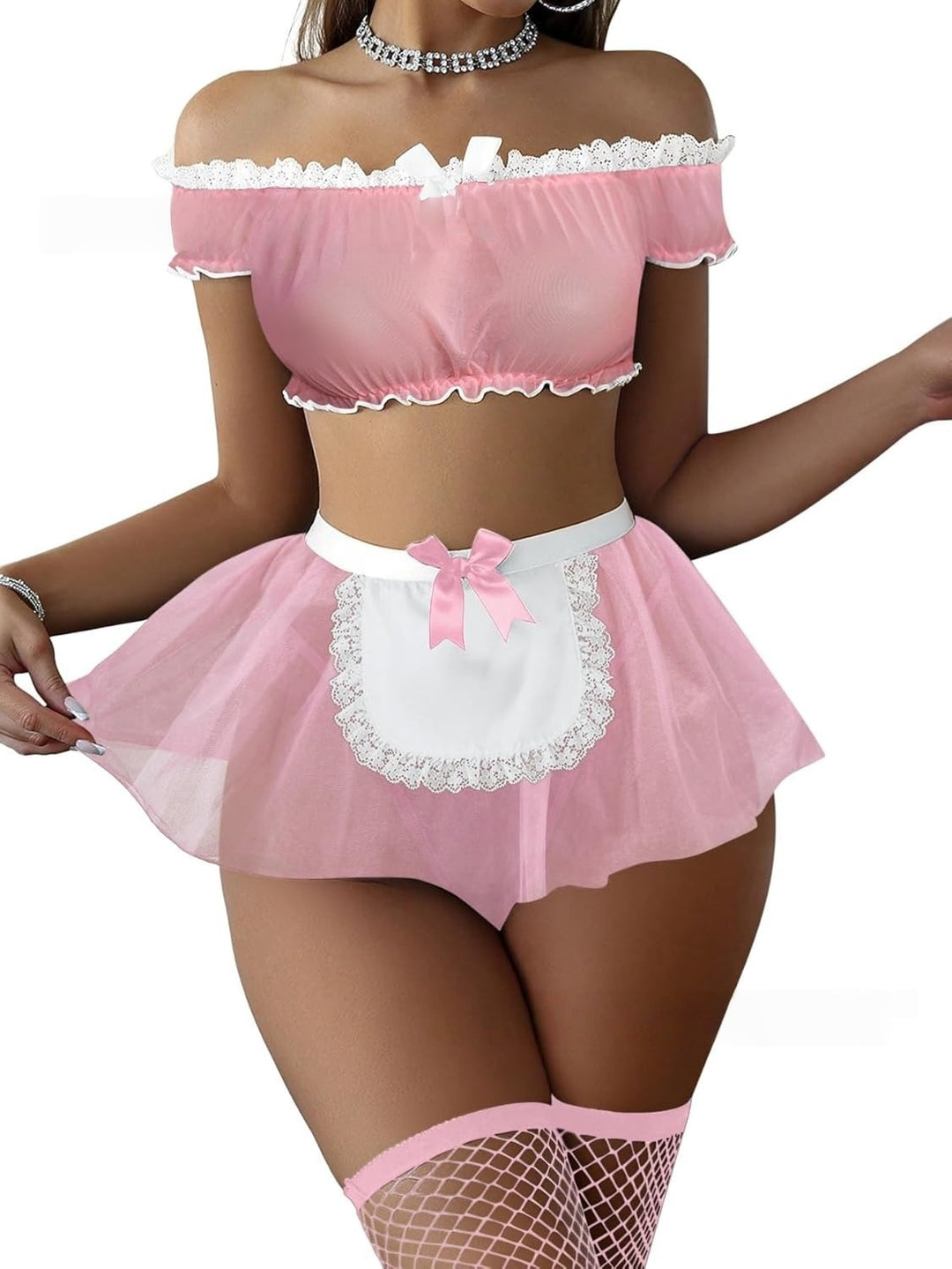Women’s Maid Outfit – Bow Lace Mesh Lingerie Dress Set