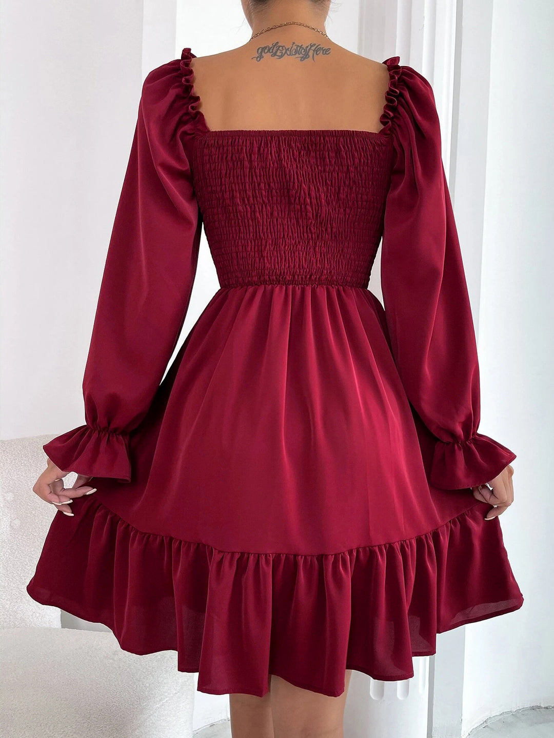 Women’s Square Neck Smocked Ruffle Hem Mini Dress