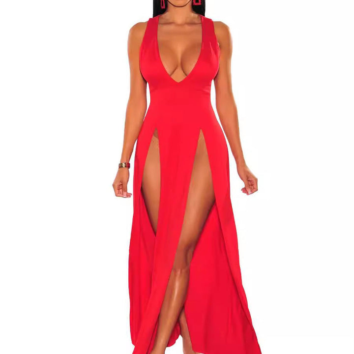 Slim Fit Maxi Dress – Deep V High Slit Party Dress