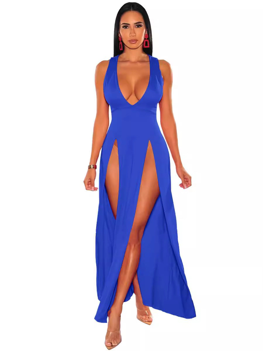 Slim Fit Maxi Dress – Deep V High Slit Party Dress