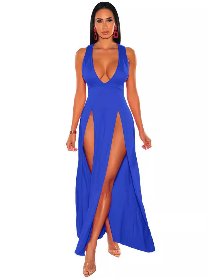 Slim Fit Maxi Dress – Deep V High Slit Party Dress