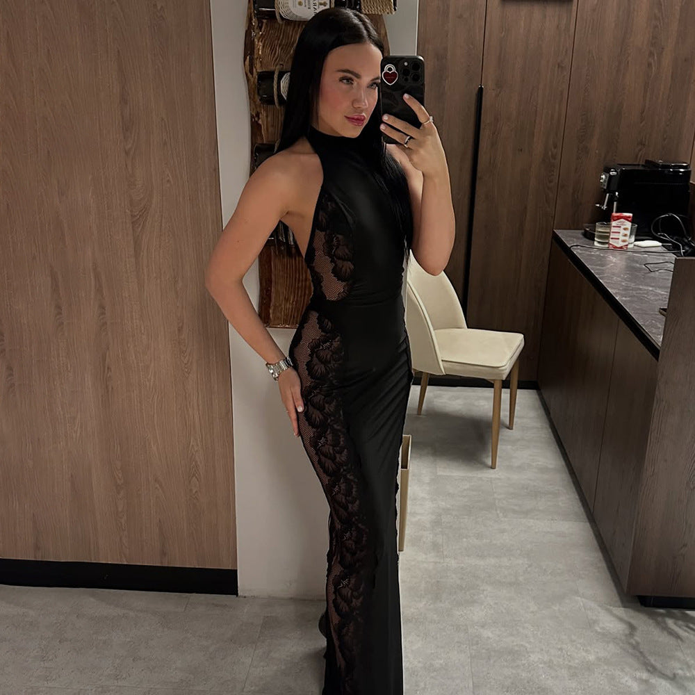 Sexy Halter Lace Sheer Dress – Backless Slim Fit Club Party Maxi Dress
