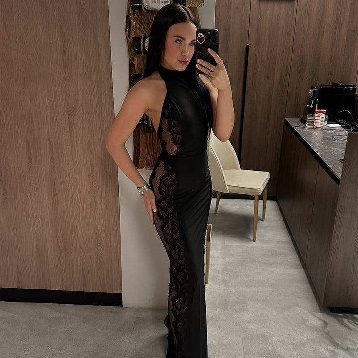 Sexy Halter Lace Sheer Dress – Backless Slim Fit Club Party Maxi Dress