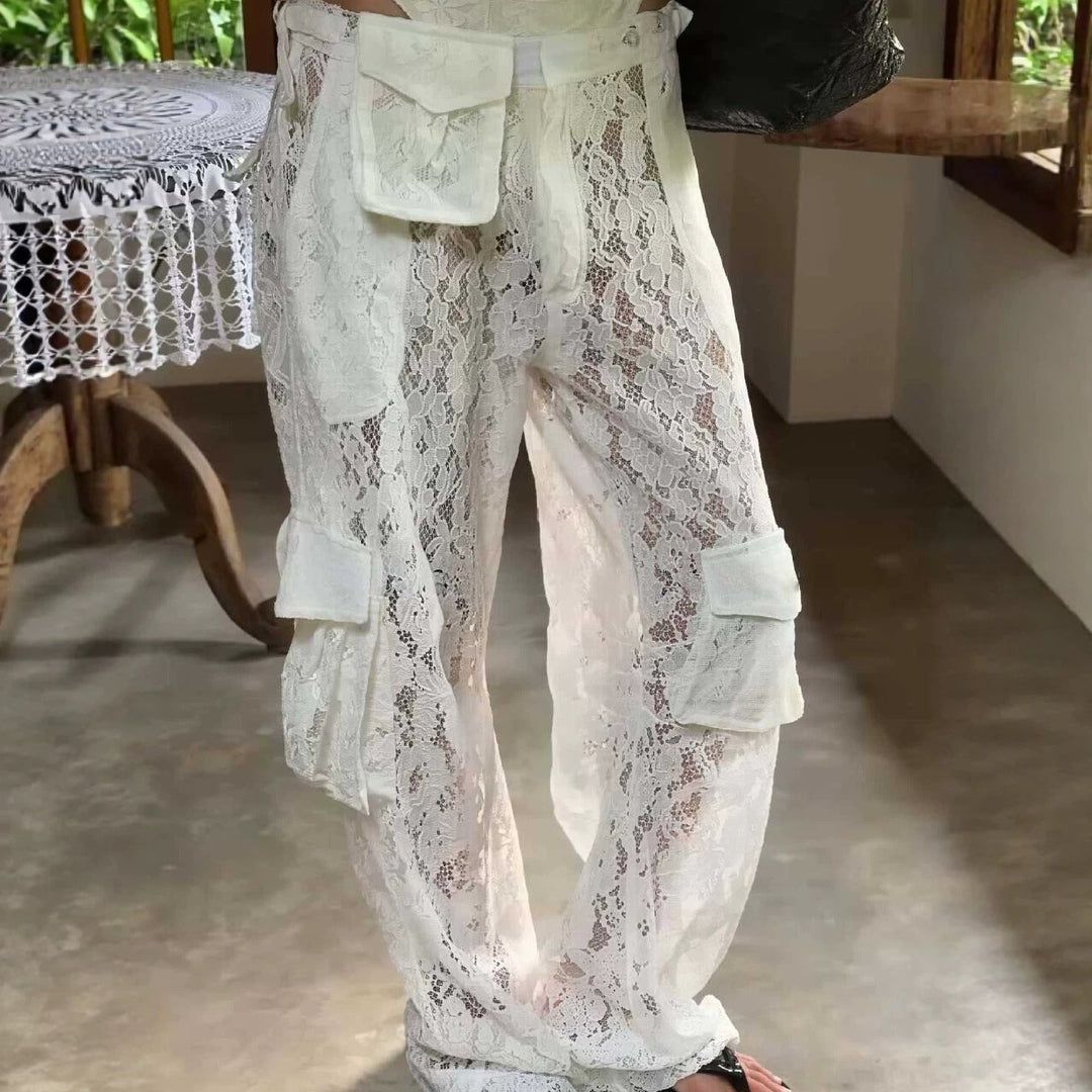 Women’s Lace Cargo Pants – Sheer Wide Leg Cover Up Pants