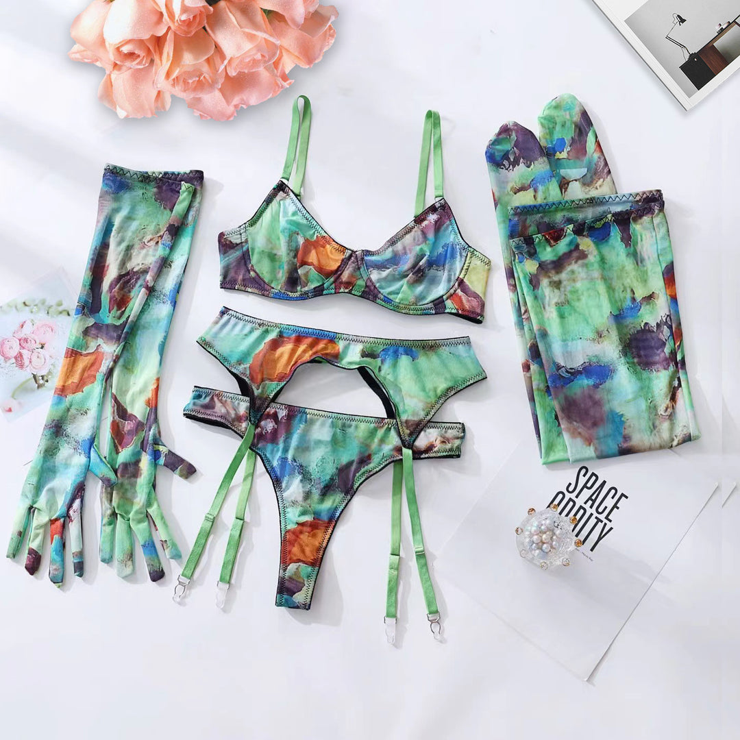 Women’s 5 Piece Lingerie Set – Tie-Dye Mesh Bra and Panty Set