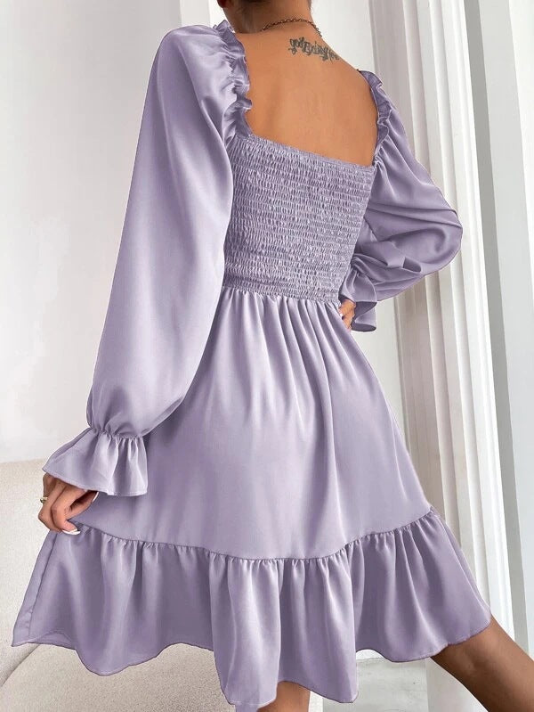 Women’s Square Neck Smocked Ruffle Hem Mini Dress