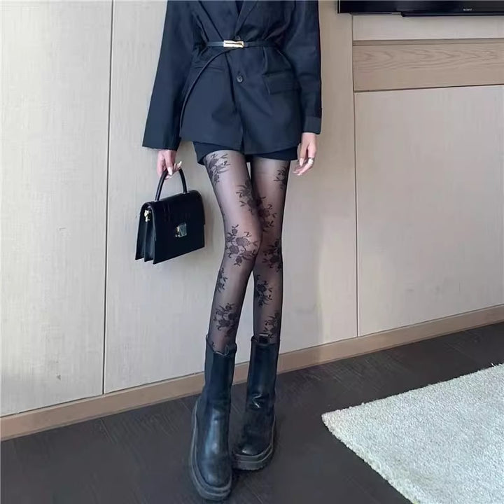 Vintage Rose Pattern Sheer Tights – Floral Jacquard Pantyhose for Women