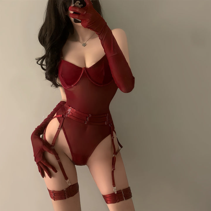 Women’s Underwire Garter Bodysuit Set with Gloves (3 Piece)