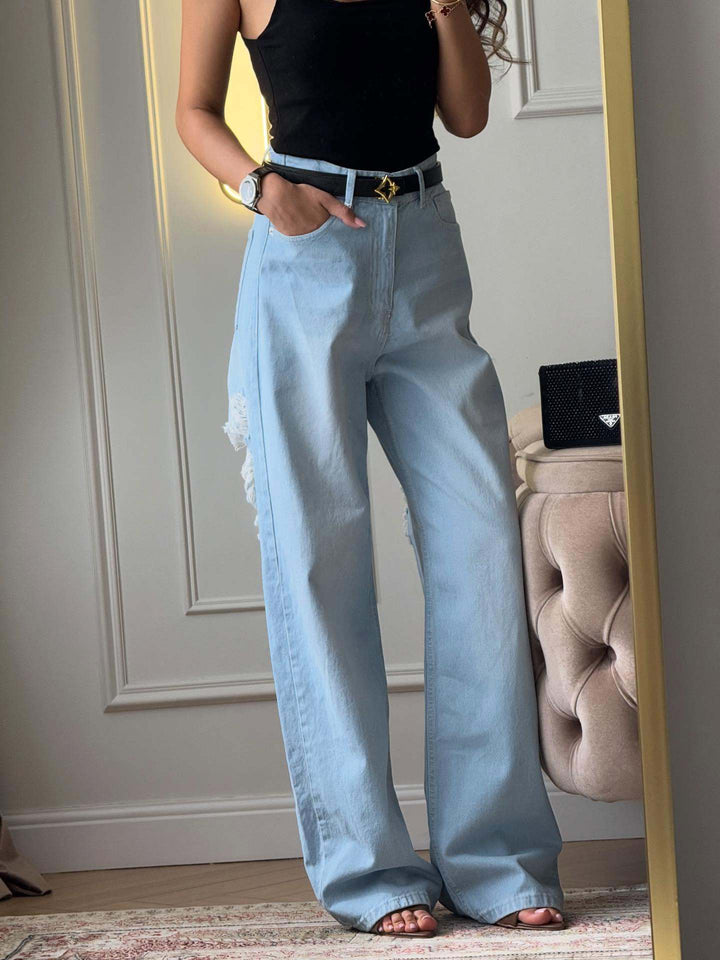 Vintage Distressed Wide Leg Jeans – High Waist Embroidered Denim Pants for Women
