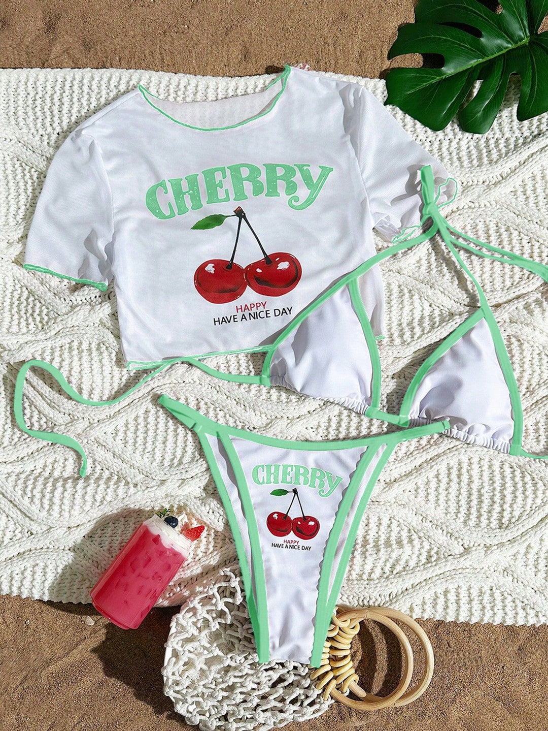 3-Piece Printed Bikini Set – Sheer Mesh Cover-Up Swimsuit for Women