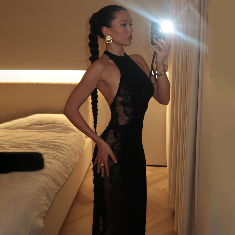 Sexy Halter Lace Sheer Dress – Backless Slim Fit Club Party Maxi Dress