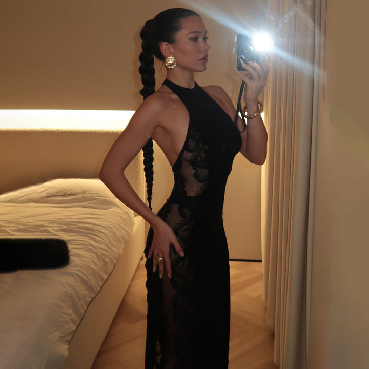 Sexy Halter Lace Sheer Dress – Backless Slim Fit Club Party Maxi Dress