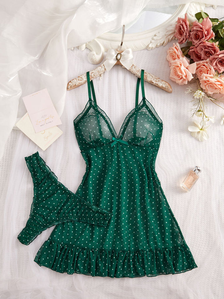 Polka Dot Sheer Mesh Nightdress Set – Lightweight Cami Sleepwear for Women