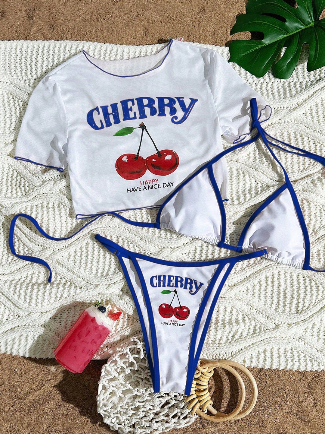 3-Piece Printed Bikini Set – Sheer Mesh Cover-Up Swimsuit for Women