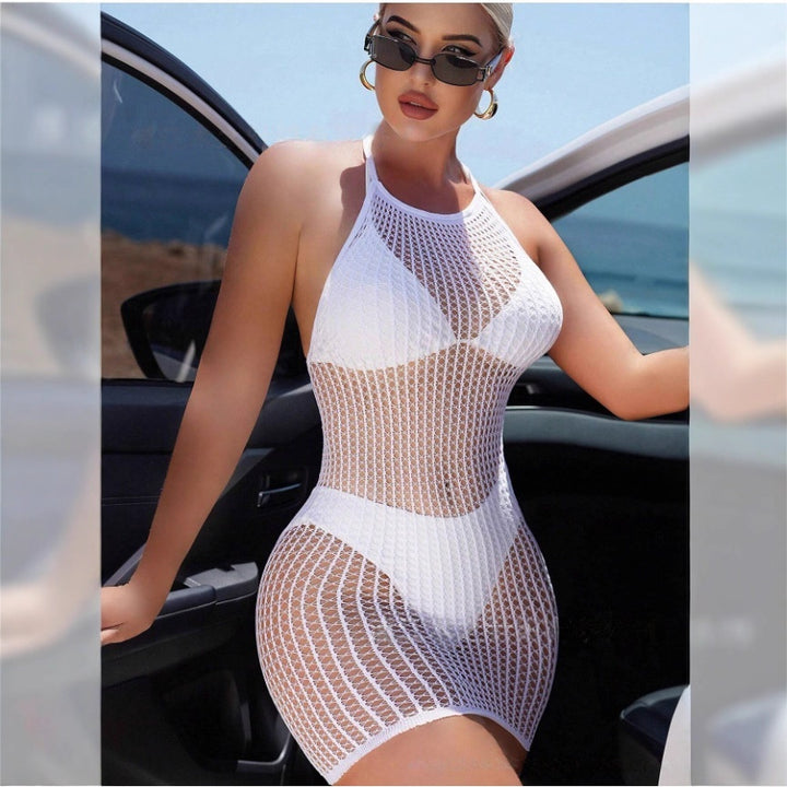 Sexy Halter Sheer Mesh Bodycon Dress for Women – Cut-Out Mini Lingerie Nightwear