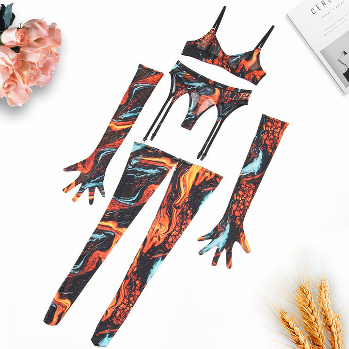 Women’s 5 Piece Lingerie Set – Tie-Dye Mesh Bra and Panty Set
