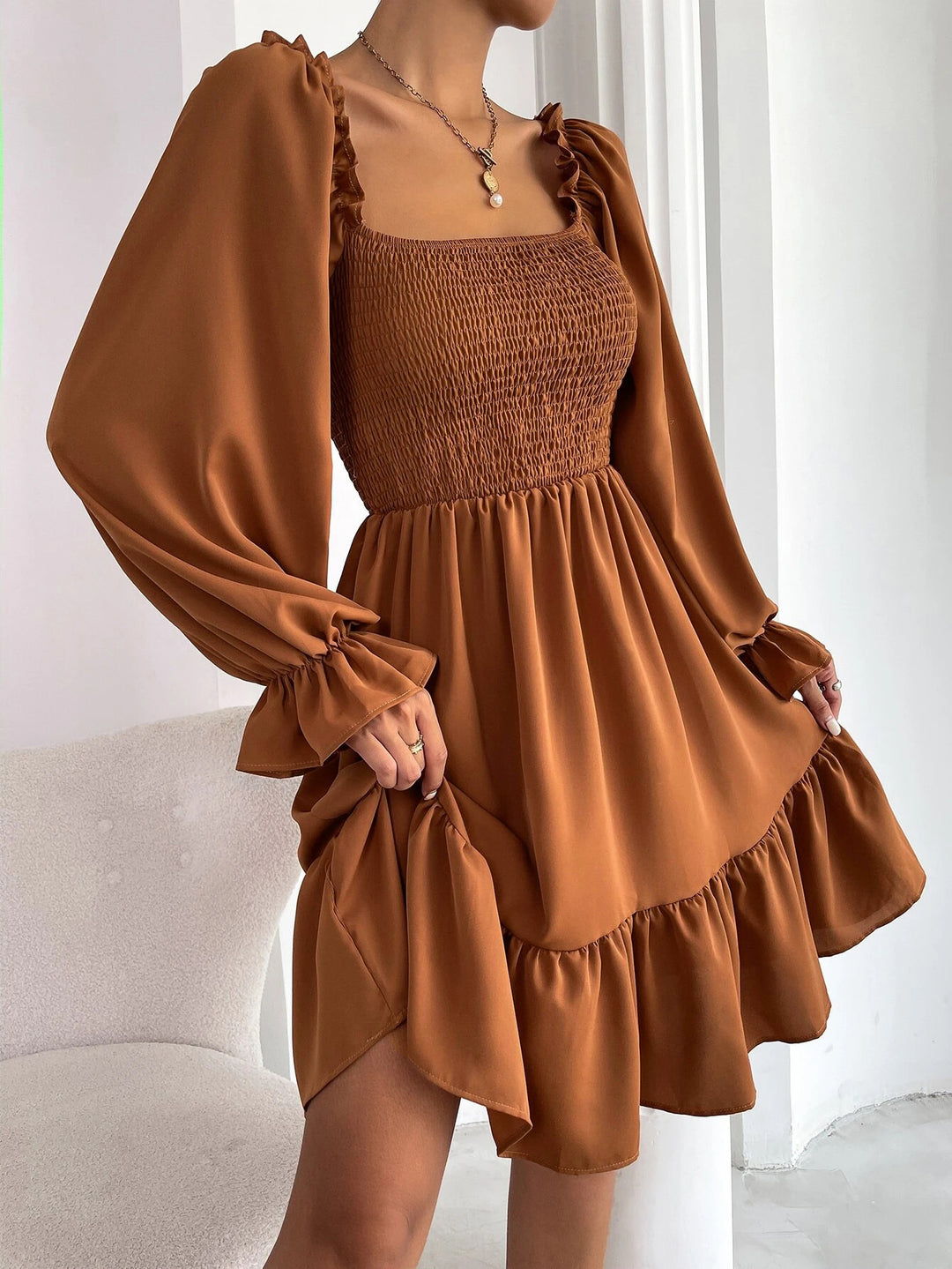 Women’s Square Neck Smocked Ruffle Hem Mini Dress