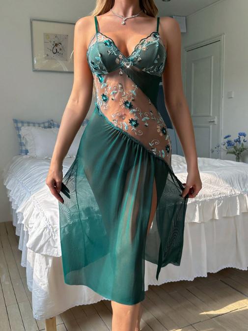 Floral Embroidered Mesh Lingerie Dress