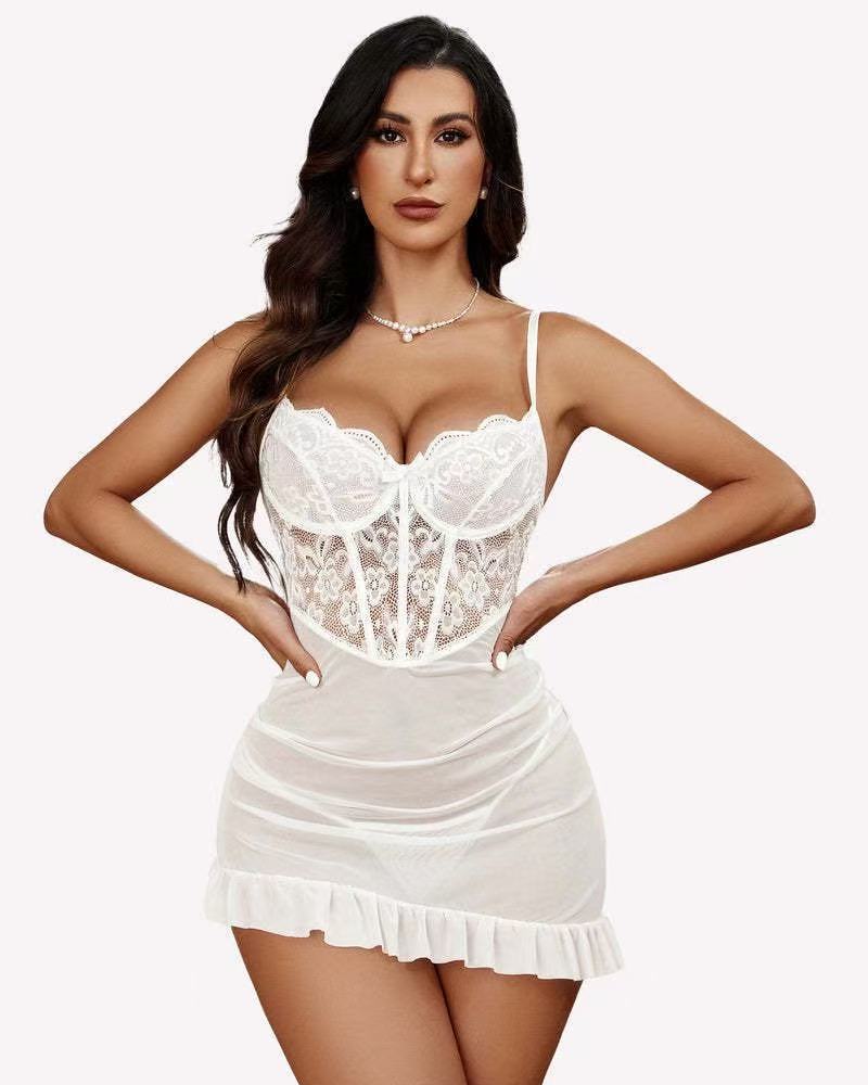 Sheer Mesh Lace Nightdress – Underwire Spaghetti Strap Slip Dress for Women