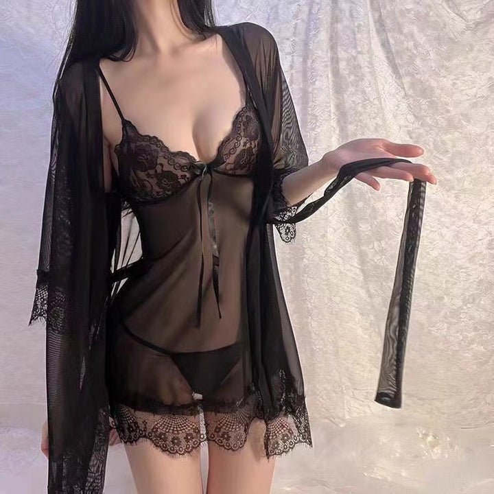 Plus Size Lace Sleepwear Set – Mesh Cami Dress 3-Piece Lounge Set for Women