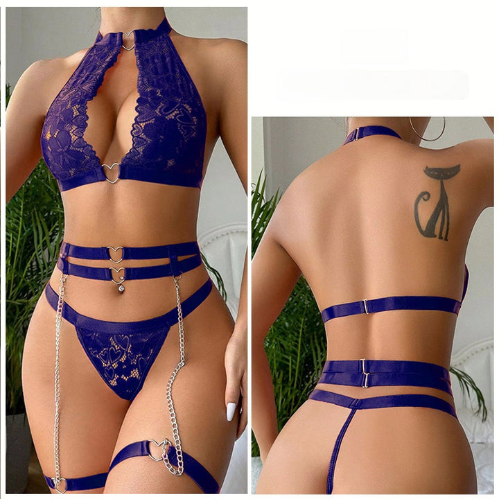 3-Piece Lace Lingerie Set with Heart Ring Links – Halter Bra, Thong & Chain Strap Harness