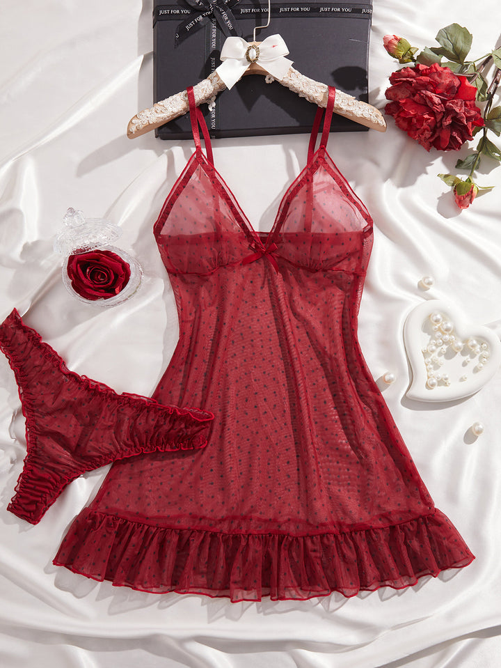 Polka Dot Sheer Mesh Nightdress Set – Lightweight Cami Sleepwear for Women